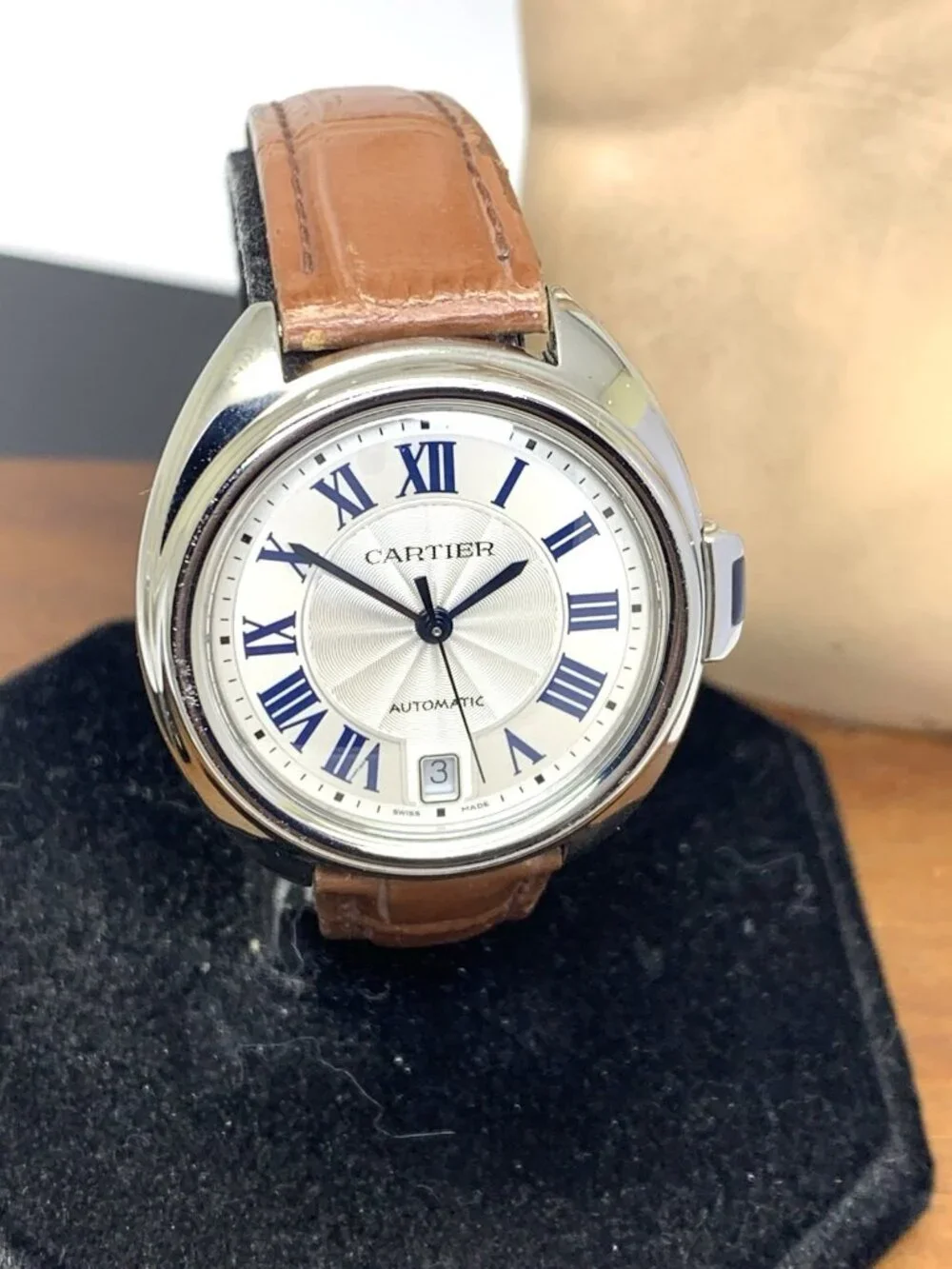 Cartier Cle WSCL0017 Womens Watch Swiss Automatic Silver Dial Brown Leather 35mm